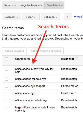 Search Terms on Google Adwords