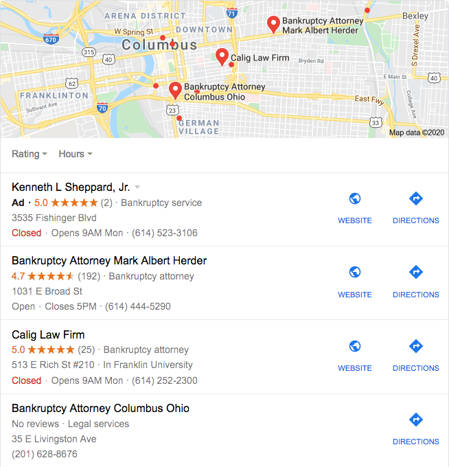 bankruptcy attorney map pack SEO results