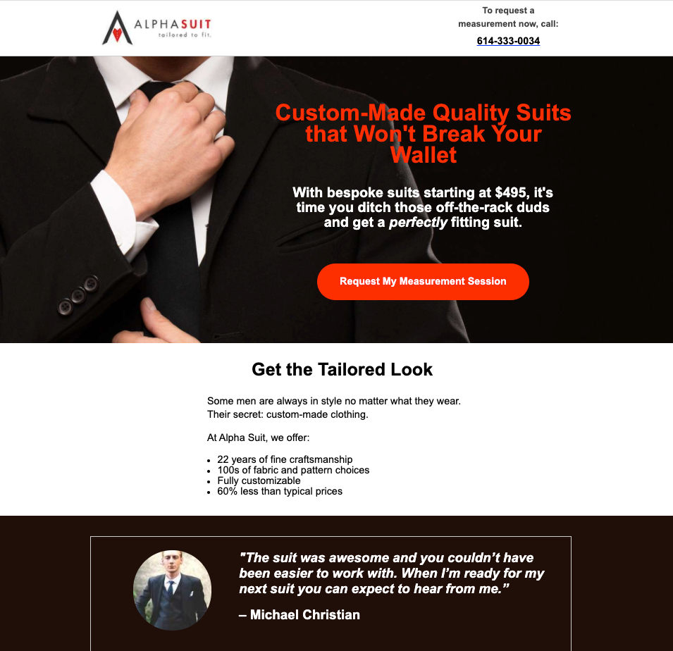 Landing Page for Google Ads - Men's suits