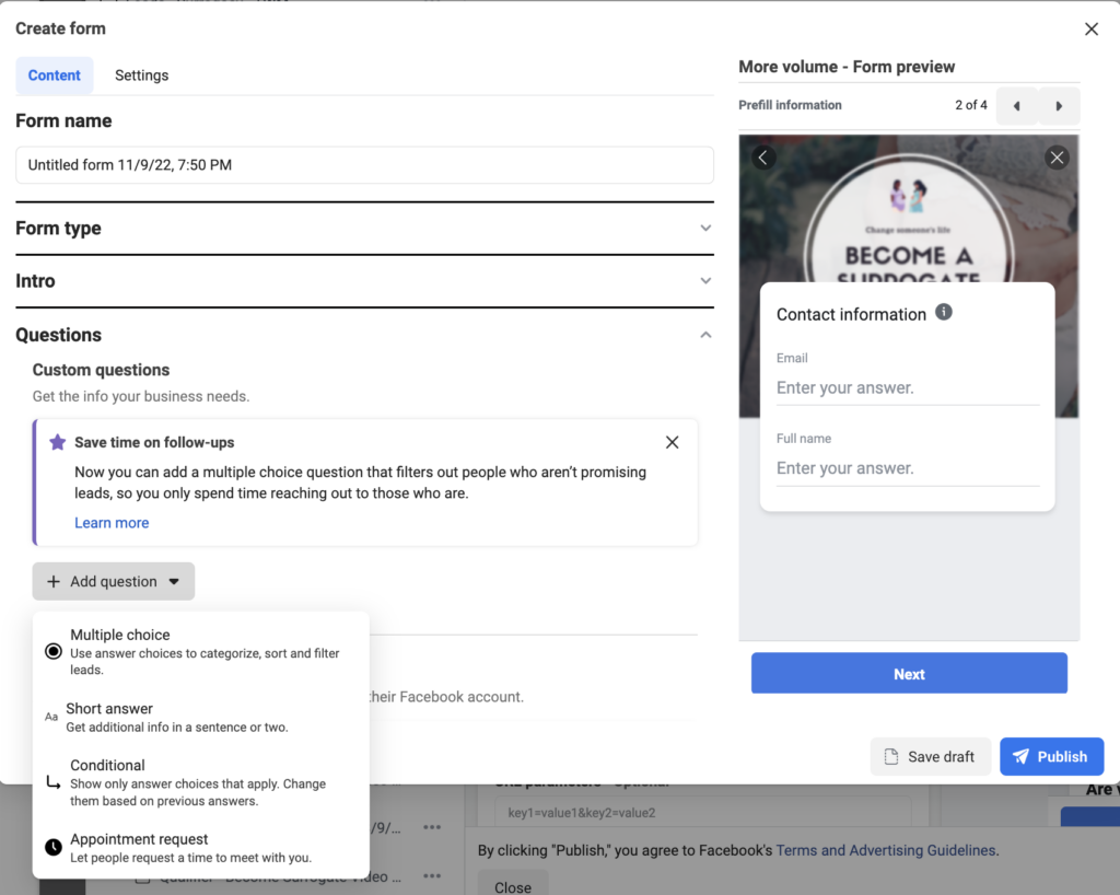 Facebook Lead Ad Form Builder